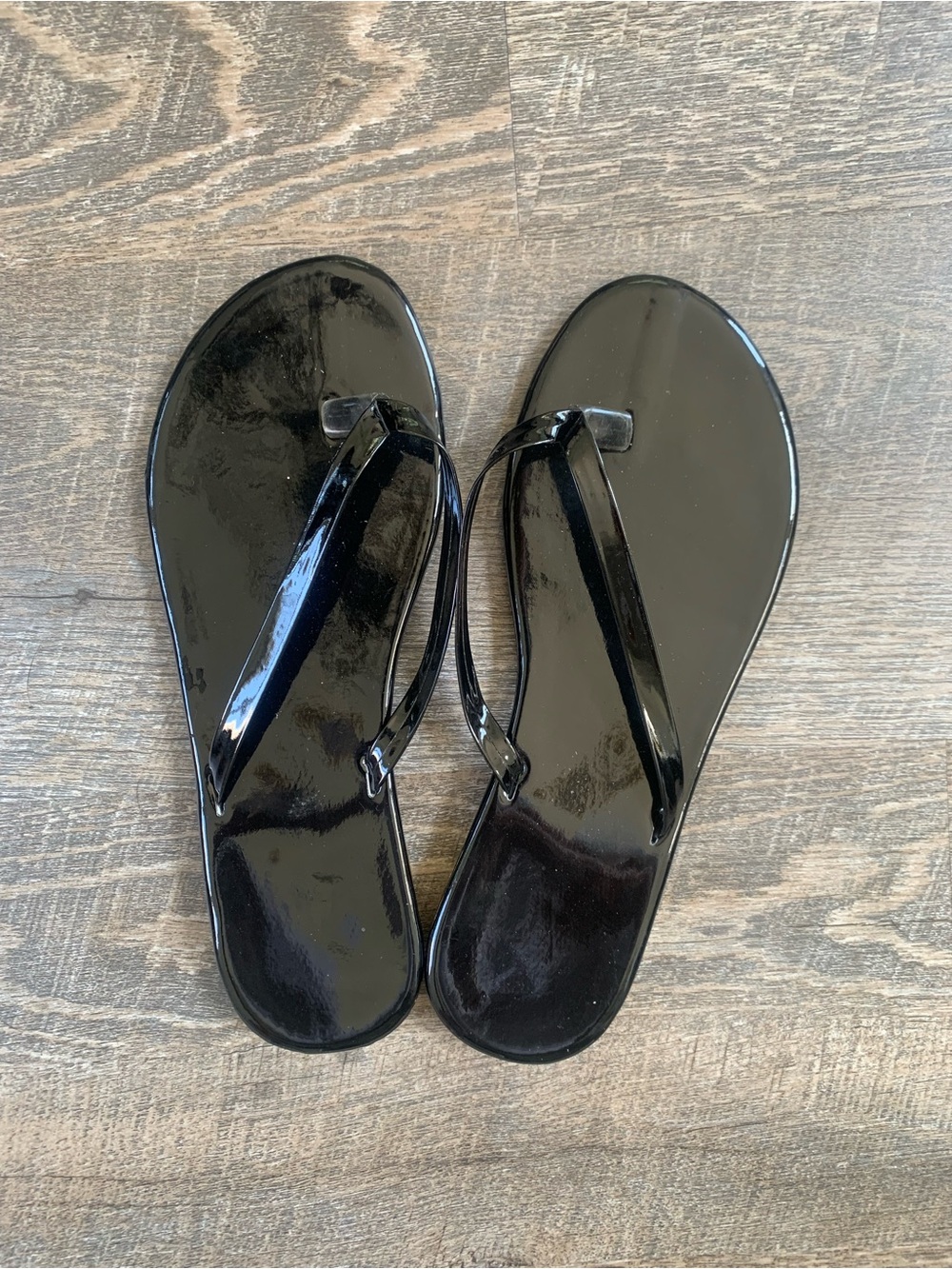 Black Dressy Patent Flip Flop Sandals with Gold Trim - Women